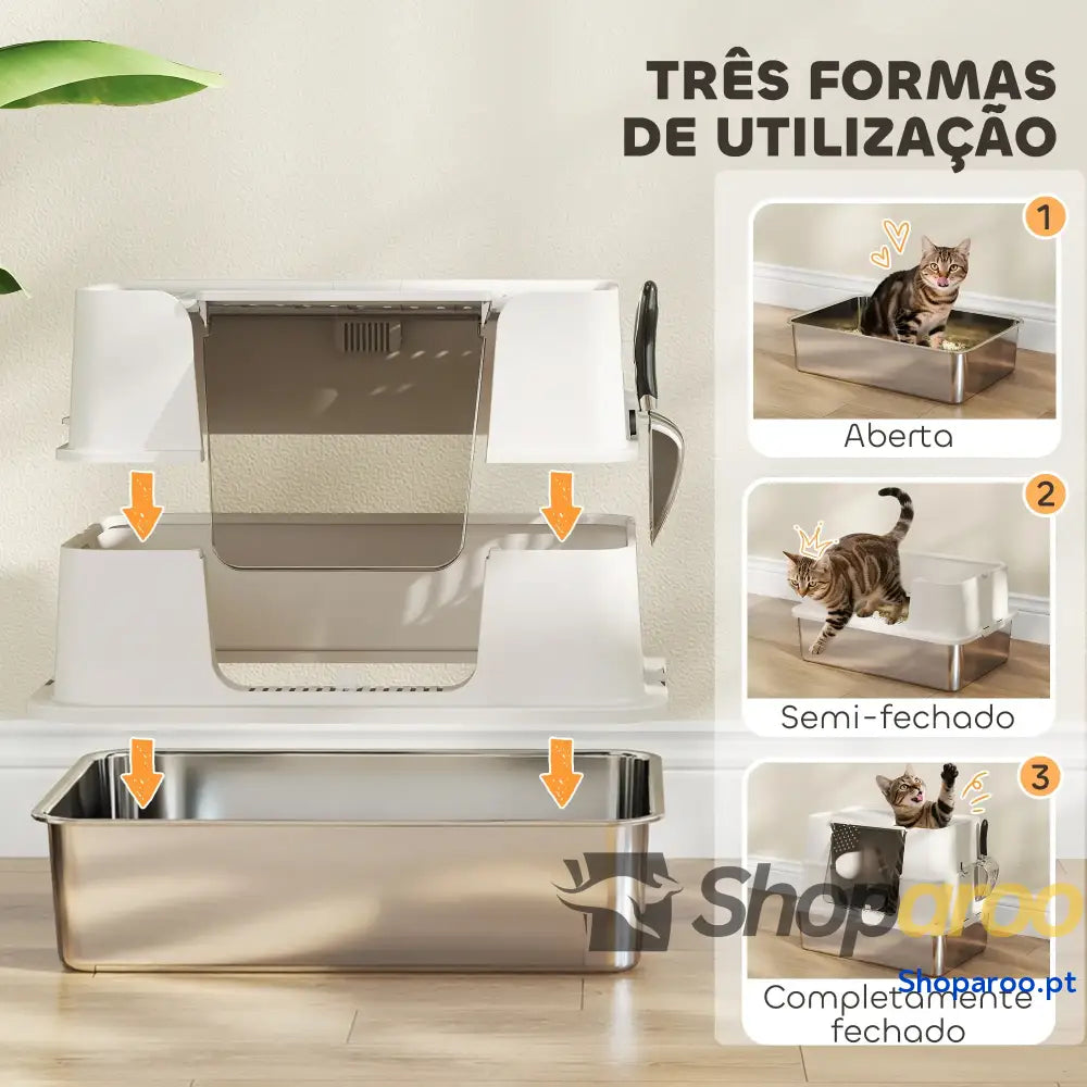 Caixa de Areia para Gatos Aço Inoxidável XL com Tampa Abatível Entradas Altas Pá Antifugas 60,2x40,2x44,5 cm Cinza Claro