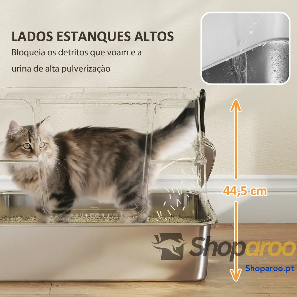 Caixa de Areia para Gatos Aço Inoxidável XL com Tampa Abatível Entradas Altas Pá Antifugas 60,2x40,2x44,5 cm Cinza Claro