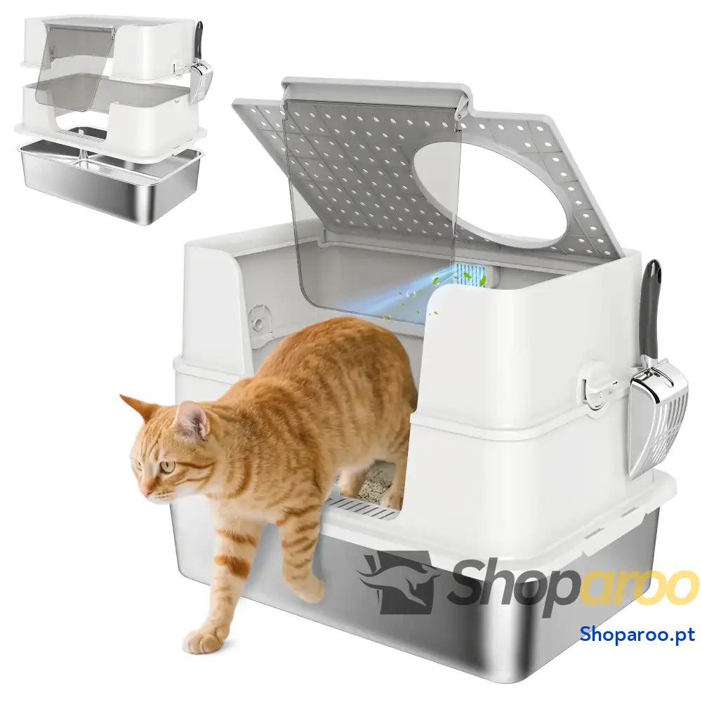 Caixa de Areia para Gatos Aço Inoxidável XL com Tampa Abatível Entradas Altas Pá Antifugas 60,2x40,2x44,5 cm Cinza Claro