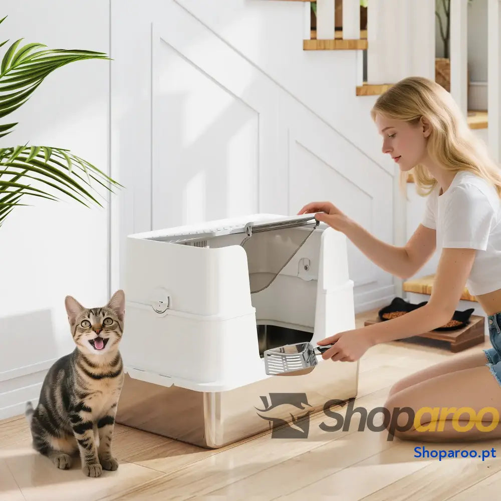 Caixa de Areia para Gatos Aço Inoxidável XL com Tampa Abatível Entradas Altas Pá Antifugas 60,2x40,2x44,5 cm Cinza Claro