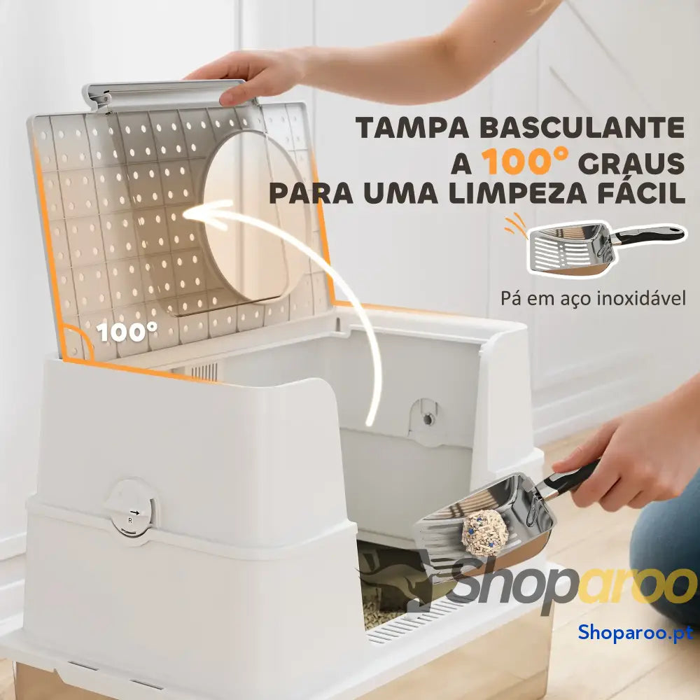 Caixa de Areia para Gatos Aço Inoxidável XL com Tampa Abatível Entradas Altas Pá Antifugas 60,2x40,2x44,5 cm Cinza Claro