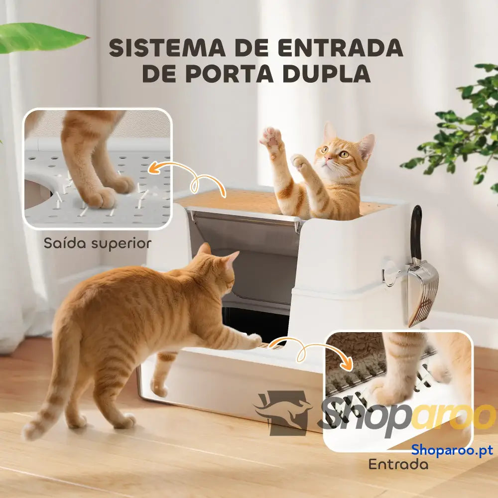 Caixa de Areia para Gatos Aço Inoxidável XL com Tampa Abatível Entradas Altas Pá Antifugas 60,2x40,2x44,5 cm Cinza Claro