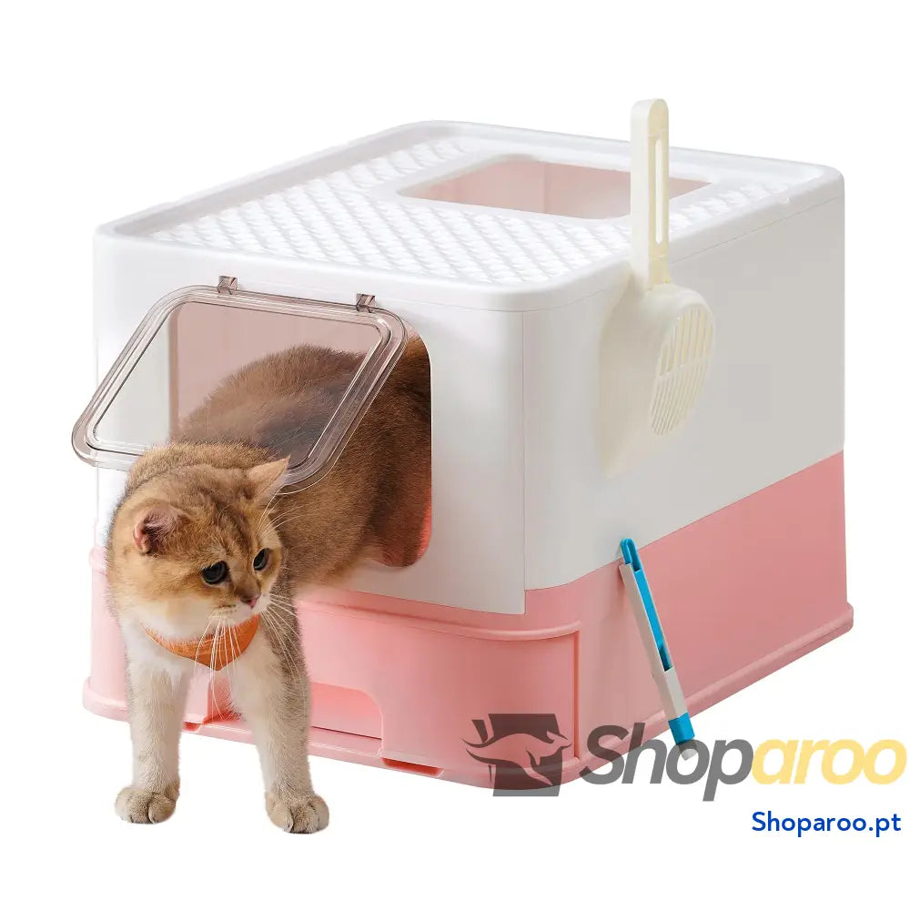 Caixa de areia para gatos com bandeja removível pá escova espaço para grandes carga 15 kg anti filtração fugas bege