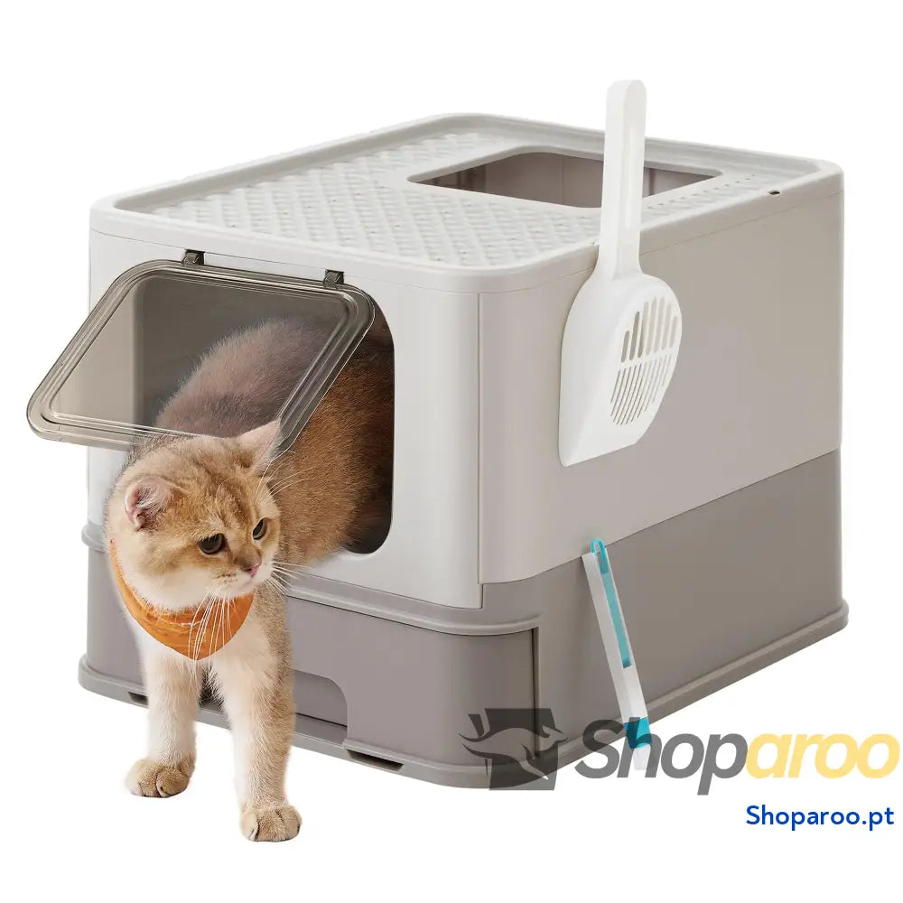 Caixa de areia para gatos com bandeja removível pá escova espaço para grandes carga 15 kg anti filtração fugas bege