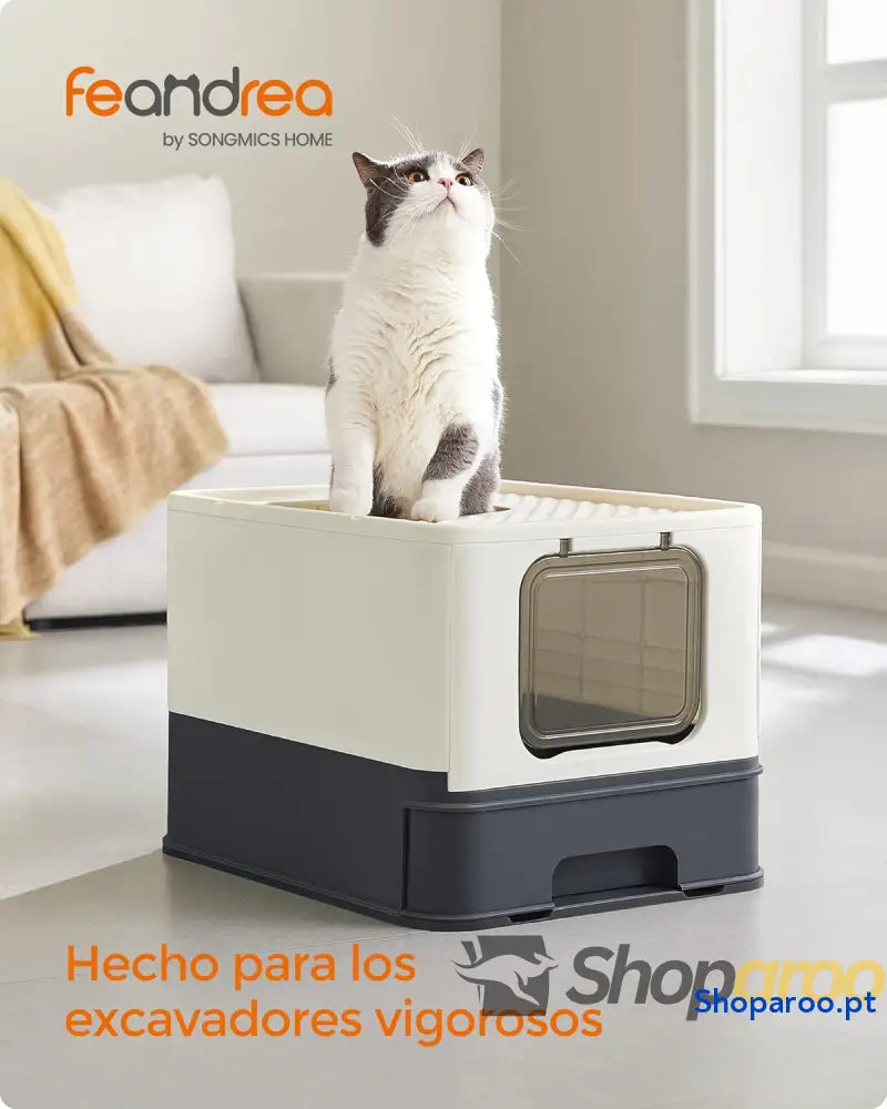 Caixa de areia para gatos com bandeja removível pá escova espaço para grandes carga 15 kg anti filtração fugas bege