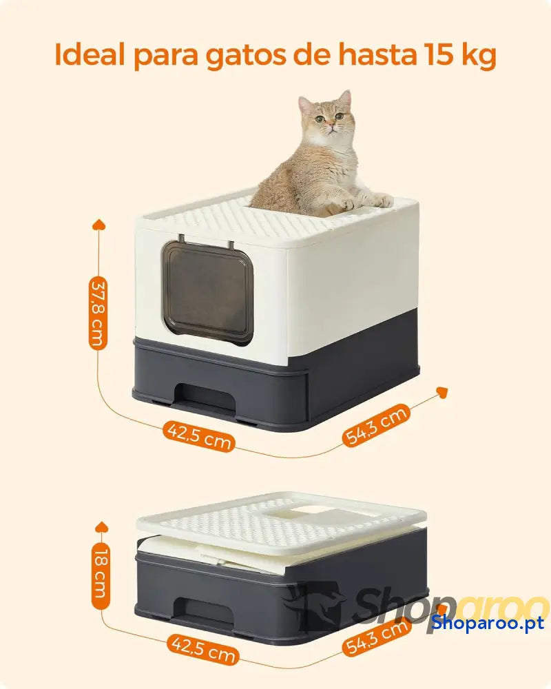Caixa de areia para gatos com bandeja removível pá escova espaço para grandes carga 15 kg anti filtração fugas bege