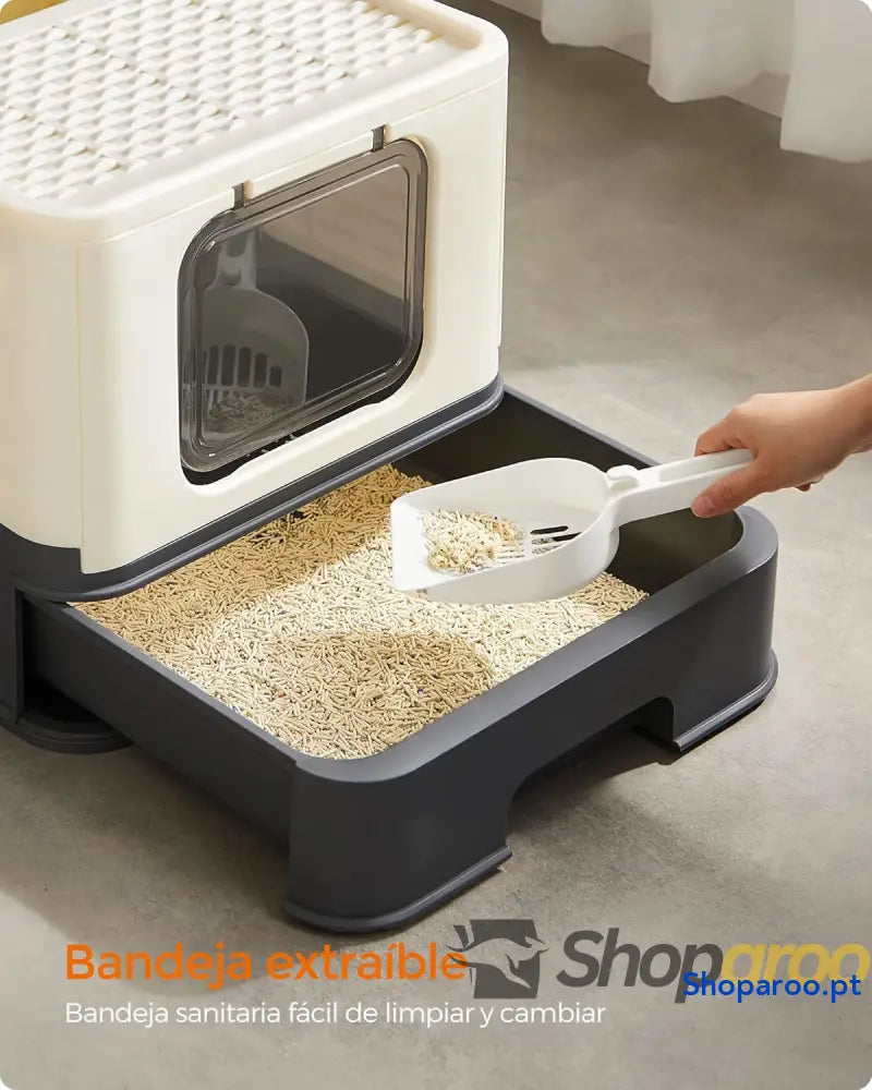 Caixa de areia para gatos com bandeja removível pá escova espaço para grandes carga 15 kg anti filtração fugas bege