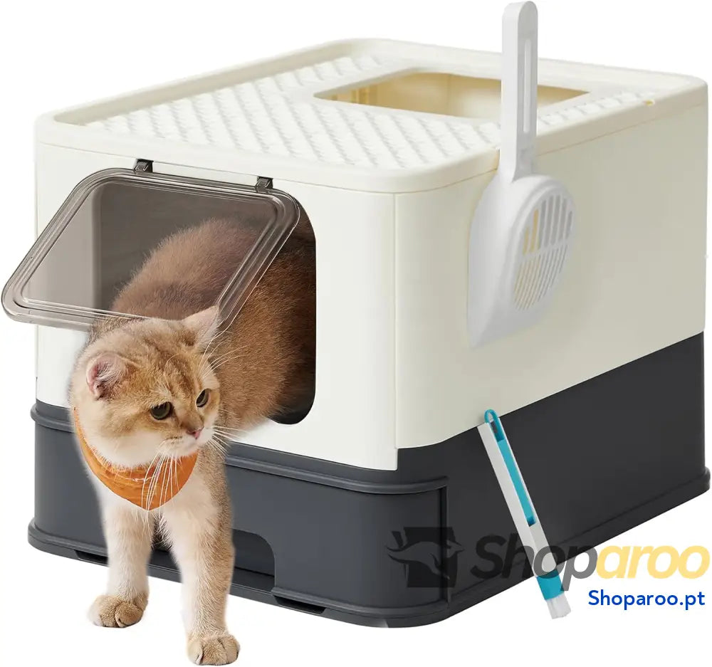 Caixa de areia para gatos com bandeja removível pá escova espaço para grandes carga 15 kg anti filtração fugas bege