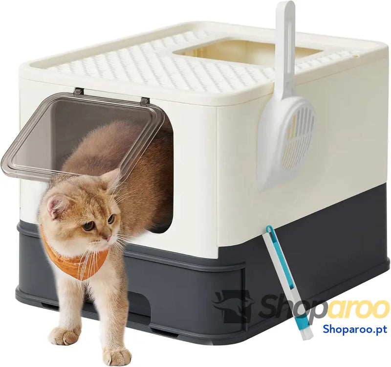 Caixa de areia para gatos com bandeja removível pá escova espaço para grandes carga 15 kg anti filtração fugas bege
