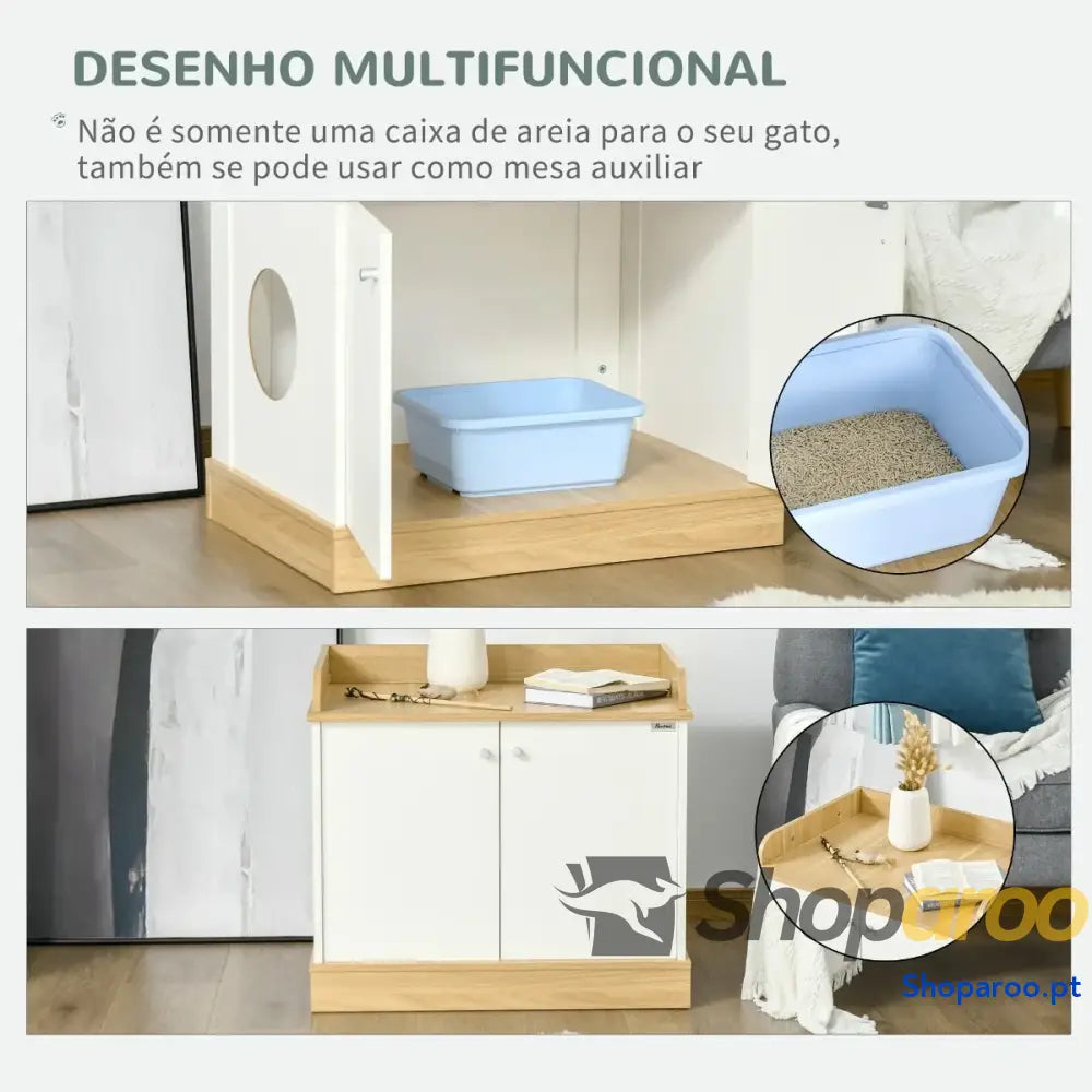 Caixa de Areia para Gatos com Pá Sanita Animais Estimação 2 Portas 44x55x39 cm Branco e Cinza
