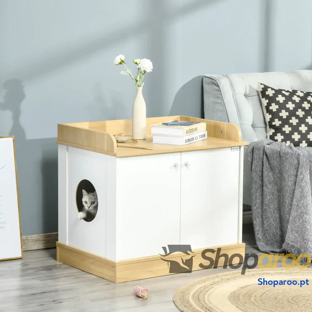 Caixa de Areia para Gatos com Pá Sanita Animais Estimação 2 Portas 44x55x39 cm Branco e Cinza