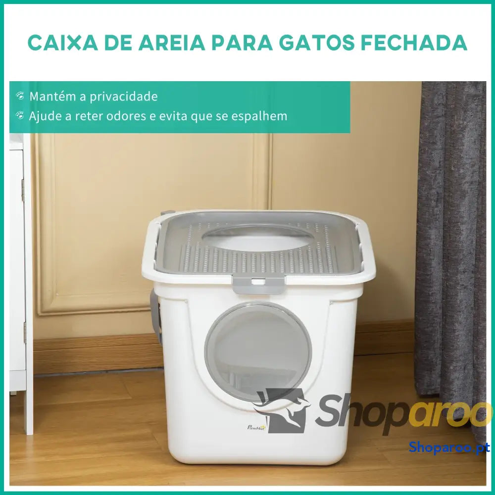 Caixa de Areia para Gatos com Pá Sanita Animais Estimação 2 Portas 44x55x39 cm Branco e Cinza