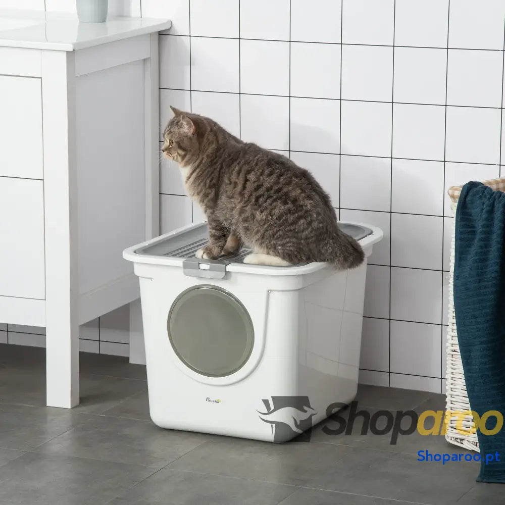 Caixa de Areia para Gatos com Pá Sanita Animais Estimação 2 Portas 44x55x39 cm Branco e Cinza