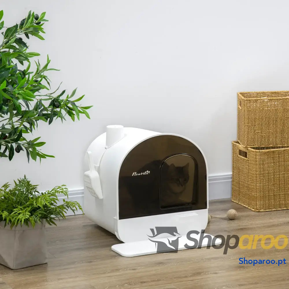 Caixa de Areia para Gatos com Porta Dianteira Bandeja Removível Pá Tapete e Filtro 43x44x47cm Branco
