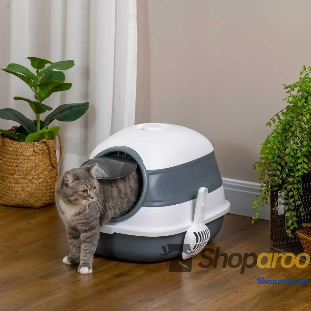 Caixa de Areia para Gatos Dobrável Fechada com Pá 52x41x38 cm Branco e Cinza