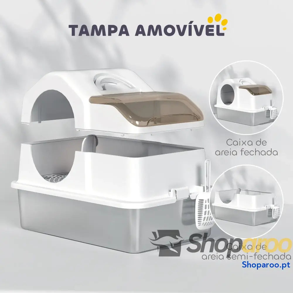 Caixa de areia para gatos fechada com bandeja inox e tampa removível