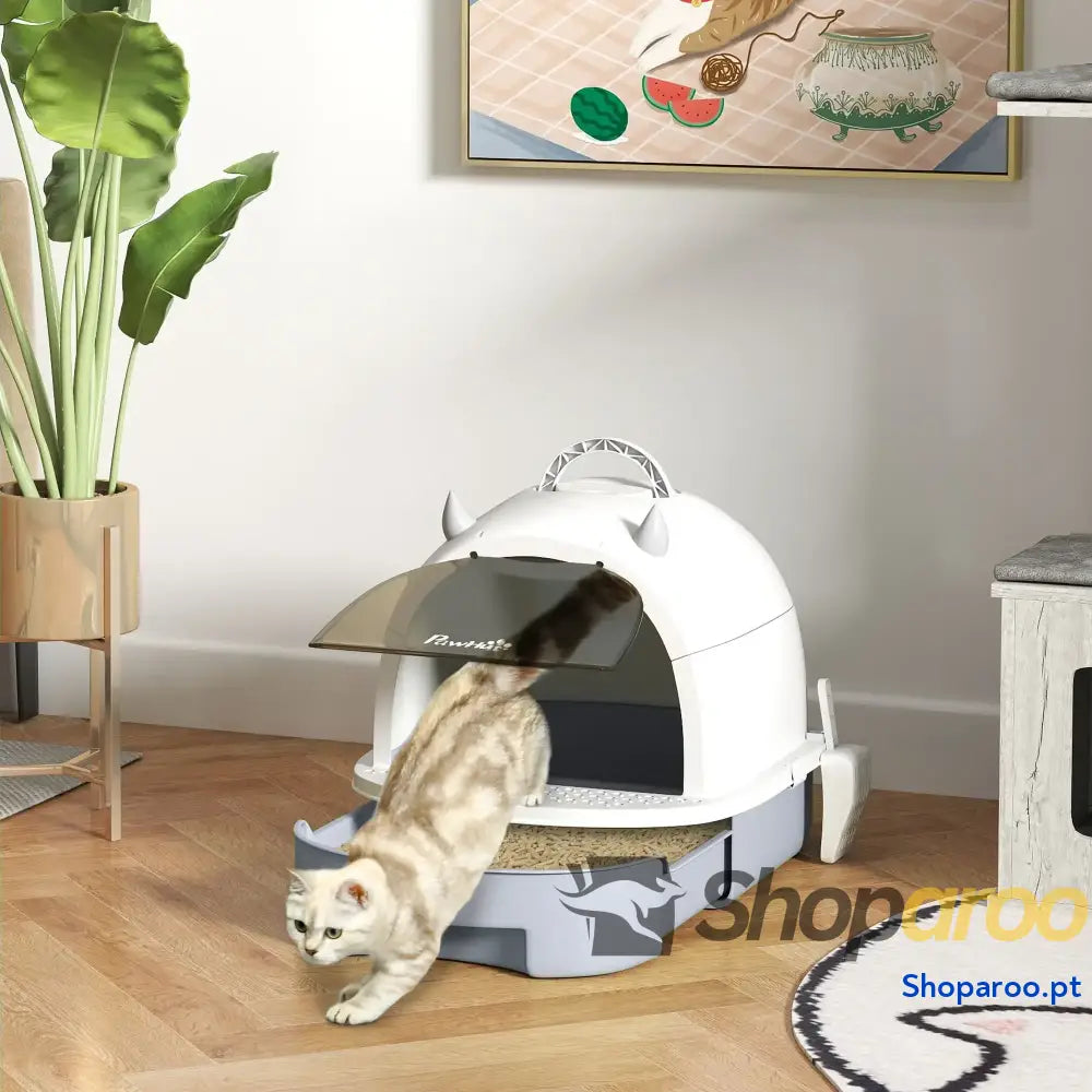 Caixa de areia para gatos fechada com filtro carvão branco e cinza