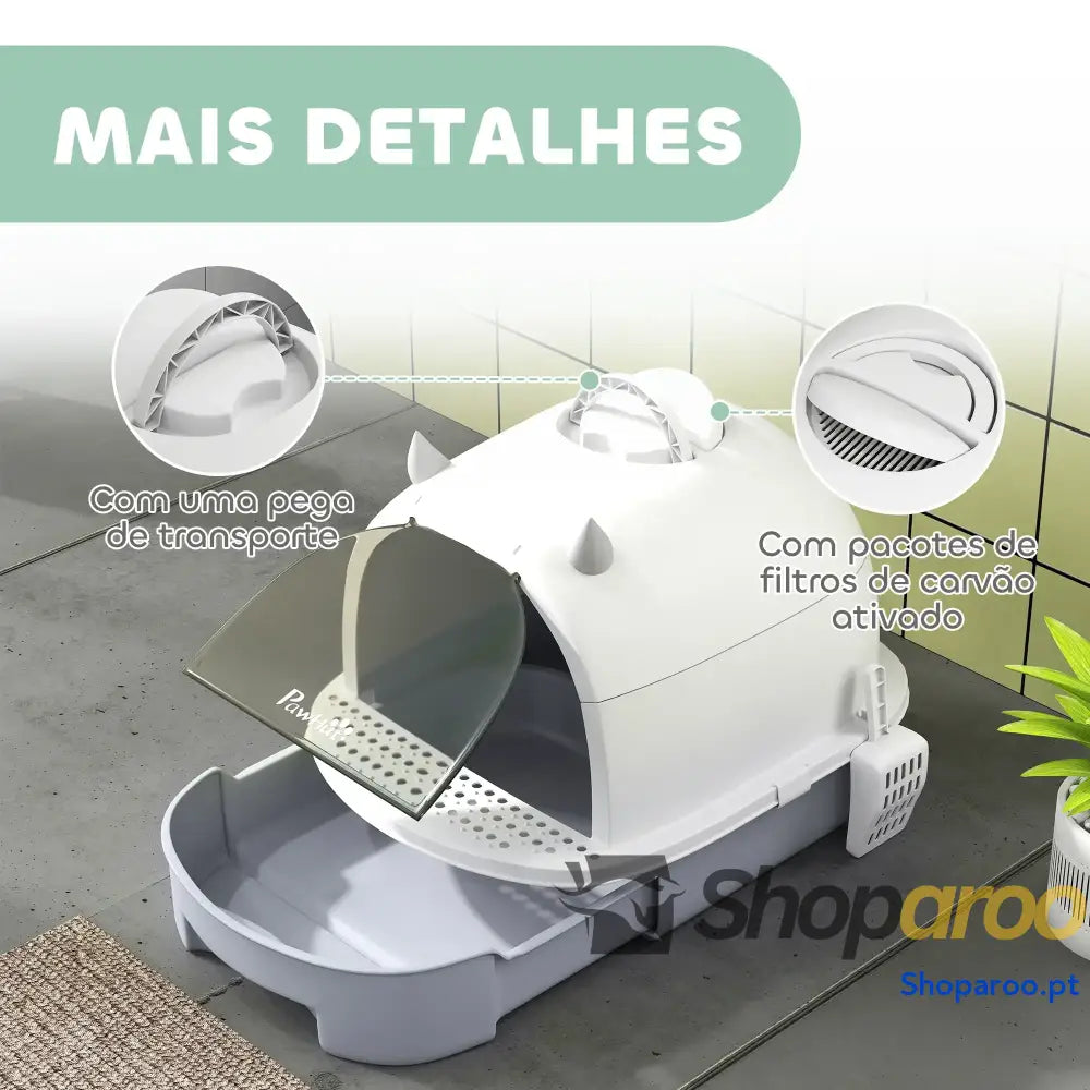 Caixa de areia para gatos fechada com filtro carvão branco e cinza