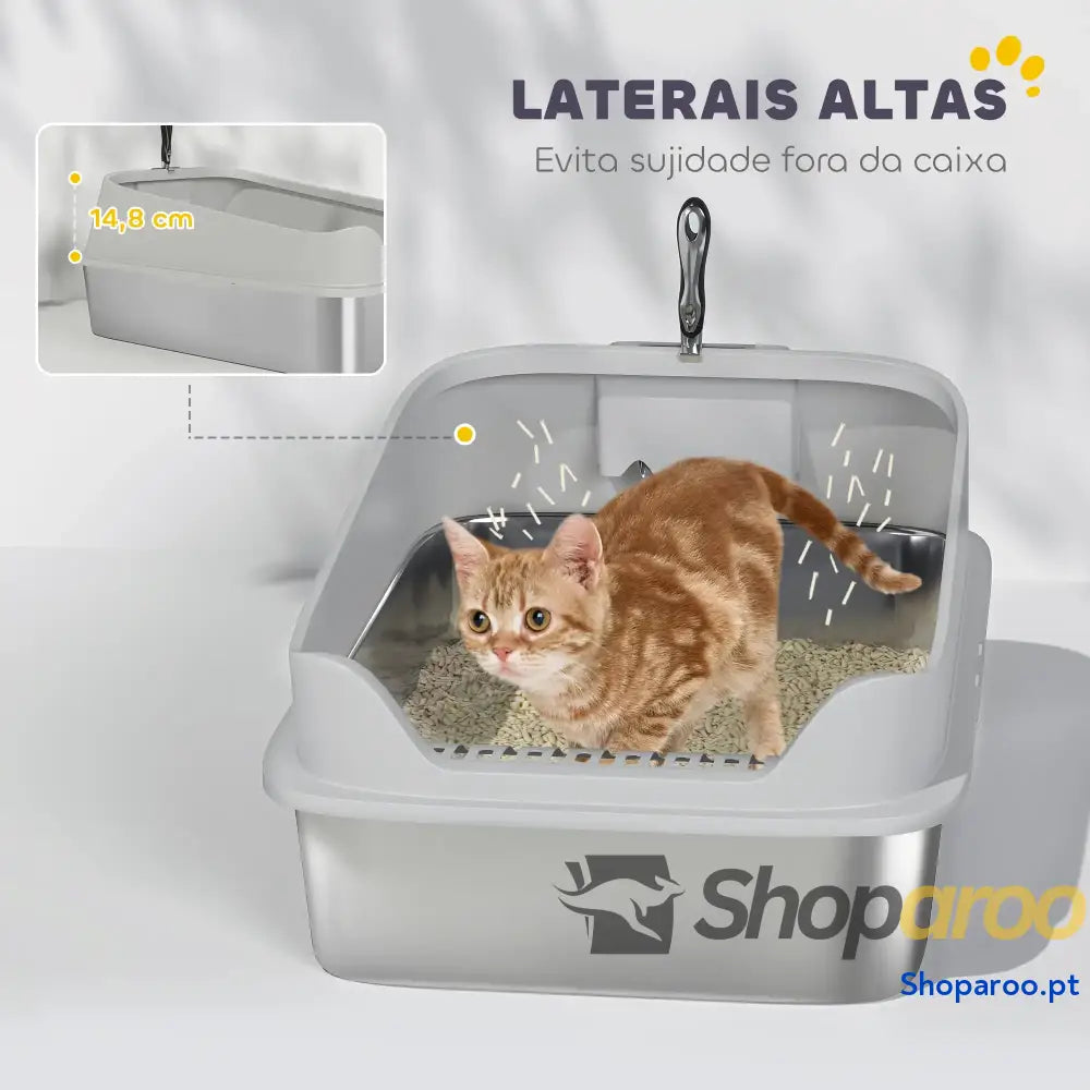 Caixa de areia para gatos XXL em aço inoxidável com borda alta
