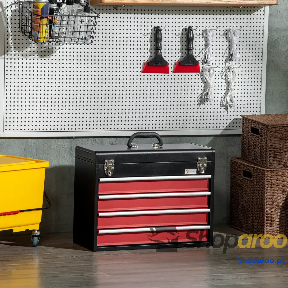 Caixa de Ferramentas Aço com 4 Gavetas Fechaduras Metálicas Mala Portátil 51x22x39,5 Preto e Vermelho