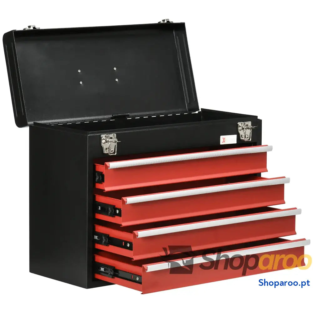Caixa de Ferramentas Aço com 4 Gavetas Fechaduras Metálicas Mala Portátil 51x22x39,5 Preto e Vermelho