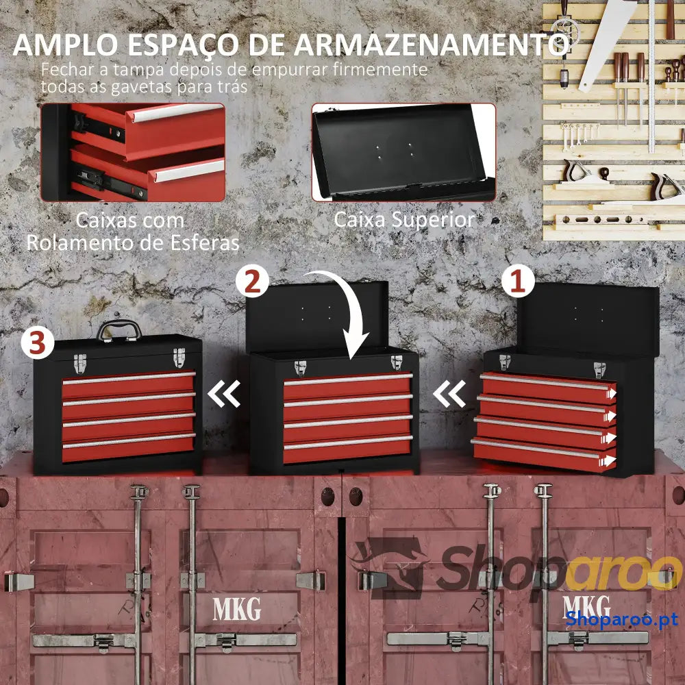 Caixa de Ferramentas Aço com 4 Gavetas Fechaduras Metálicas Mala Portátil 51x22x39,5 Preto e Vermelho