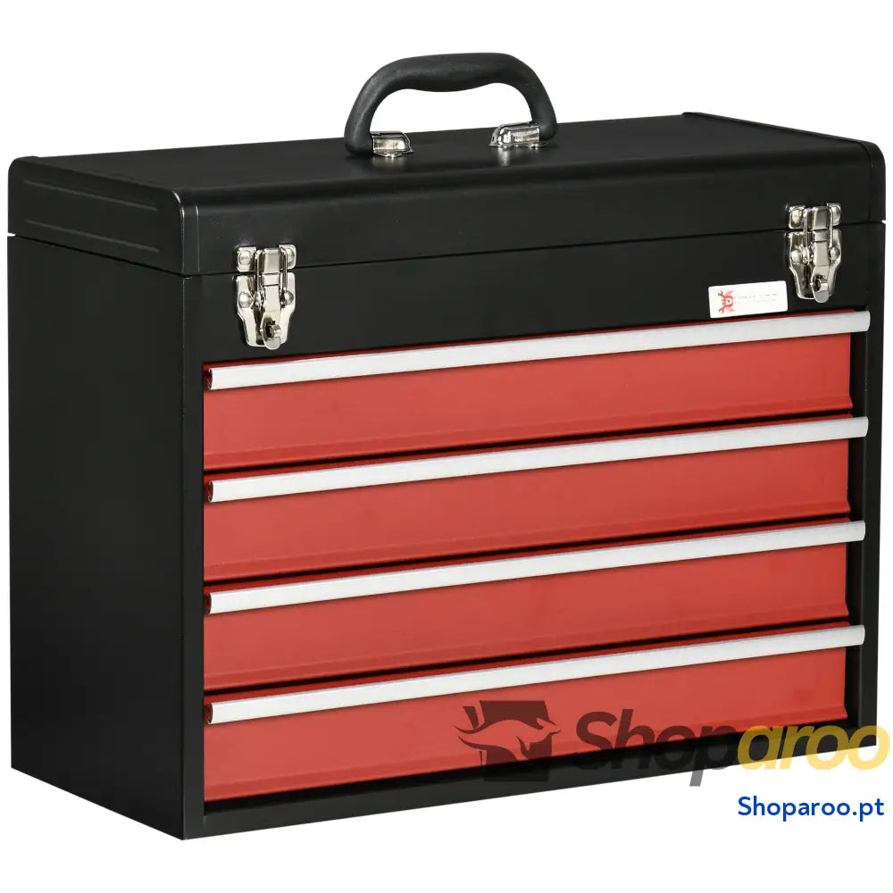 Caixa de Ferramentas Aço com 4 Gavetas Fechaduras Metálicas Mala Portátil 51x22x39,5 Preto e Vermelho