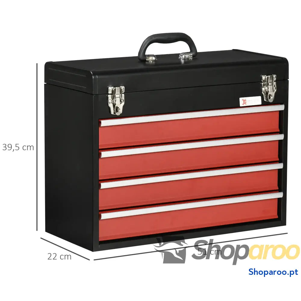 Caixa de Ferramentas Aço com 4 Gavetas Fechaduras Metálicas Mala Portátil 51x22x39,5 Preto e Vermelho