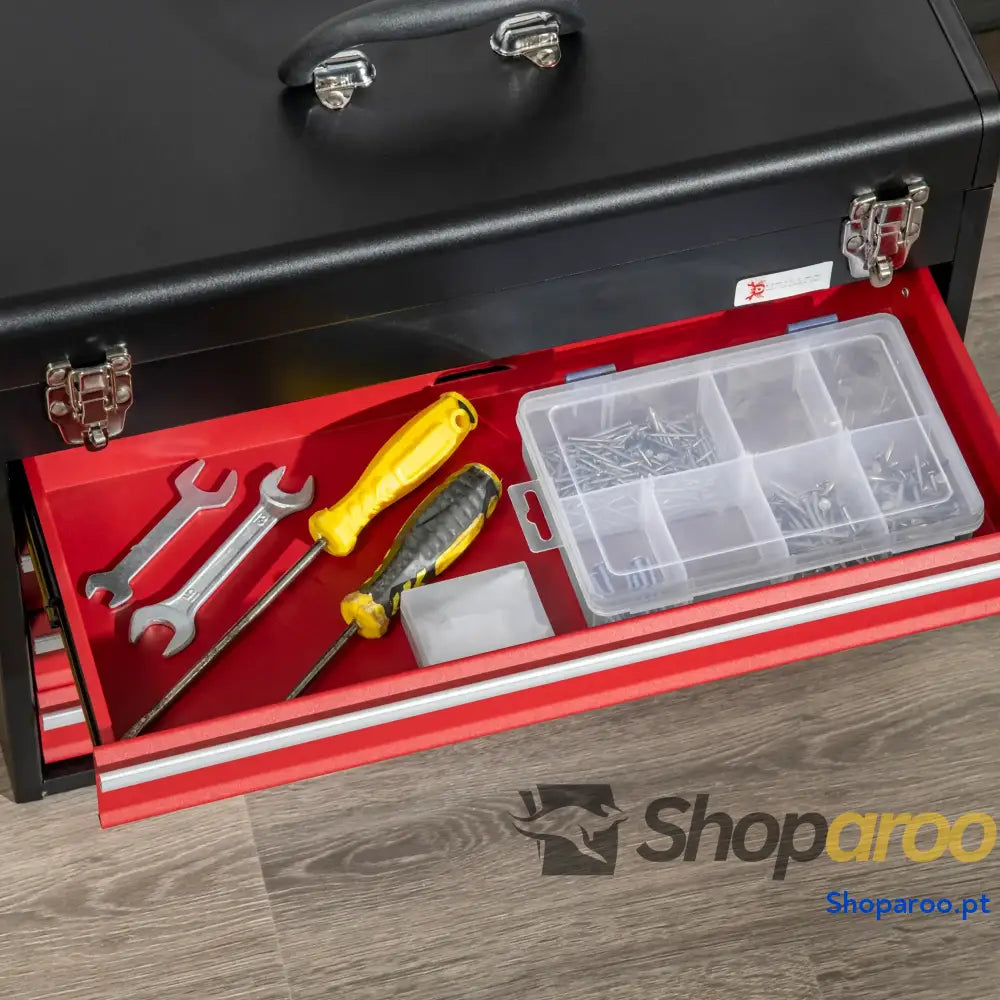 Caixa de Ferramentas Aço com 4 Gavetas Fechaduras Metálicas Mala Portátil 51x22x39,5 Preto e Vermelho
