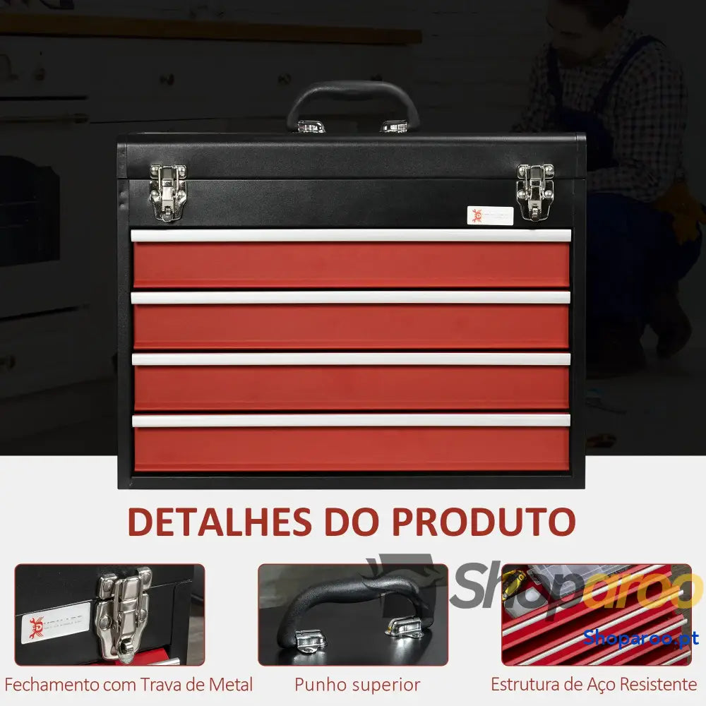 Caixa de Ferramentas Aço com 4 Gavetas Fechaduras Metálicas Mala Portátil 51x22x39,5 Preto e Vermelho