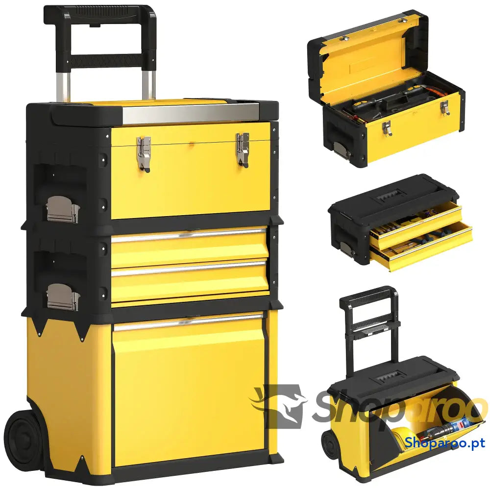 Caixa de Ferramentas Empilhável 3 em 1 com Rodas Carro Aço 52x32x72 cm Amarelo e Preto