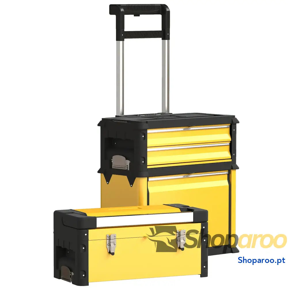 Caixa de Ferramentas Empilhável 3 em 1 com Rodas Carro Aço 52x32x72 cm Amarelo e Preto