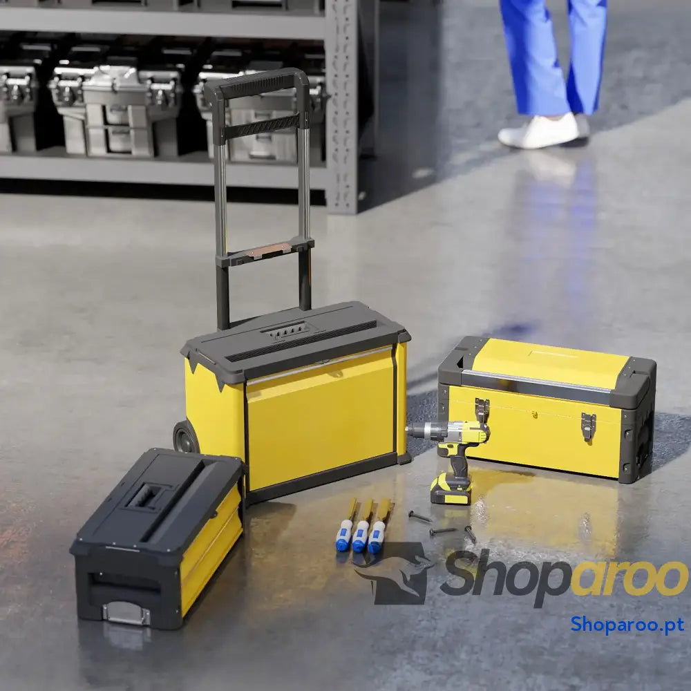 Caixa de Ferramentas Empilhável 3 em 1 com Rodas Carro Aço 52x32x72 cm Amarelo e Preto
