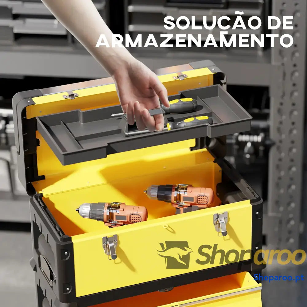Caixa de Ferramentas Empilhável 3 em 1 com Rodas Carro Aço 52x32x72 cm Amarelo e Preto