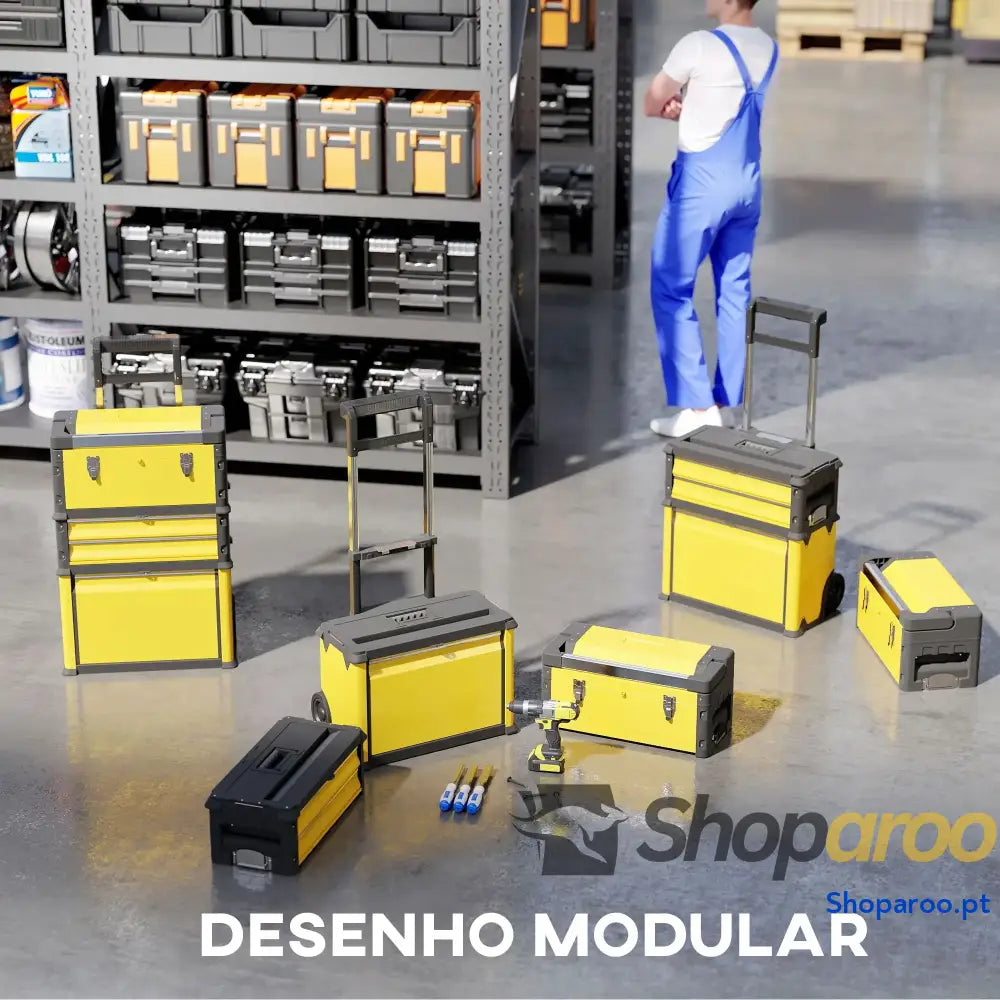 Caixa de Ferramentas Empilhável 3 em 1 Caixa de Ferramentas com Rodas Carro de Ferramentas de Aço 52x32x72 cm Amarelo e Preto