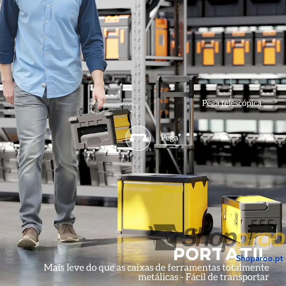 Caixa de Ferramentas Empilhável 3 em 1 com Rodas Carro Aço 52x32x72 cm Amarelo e Preto