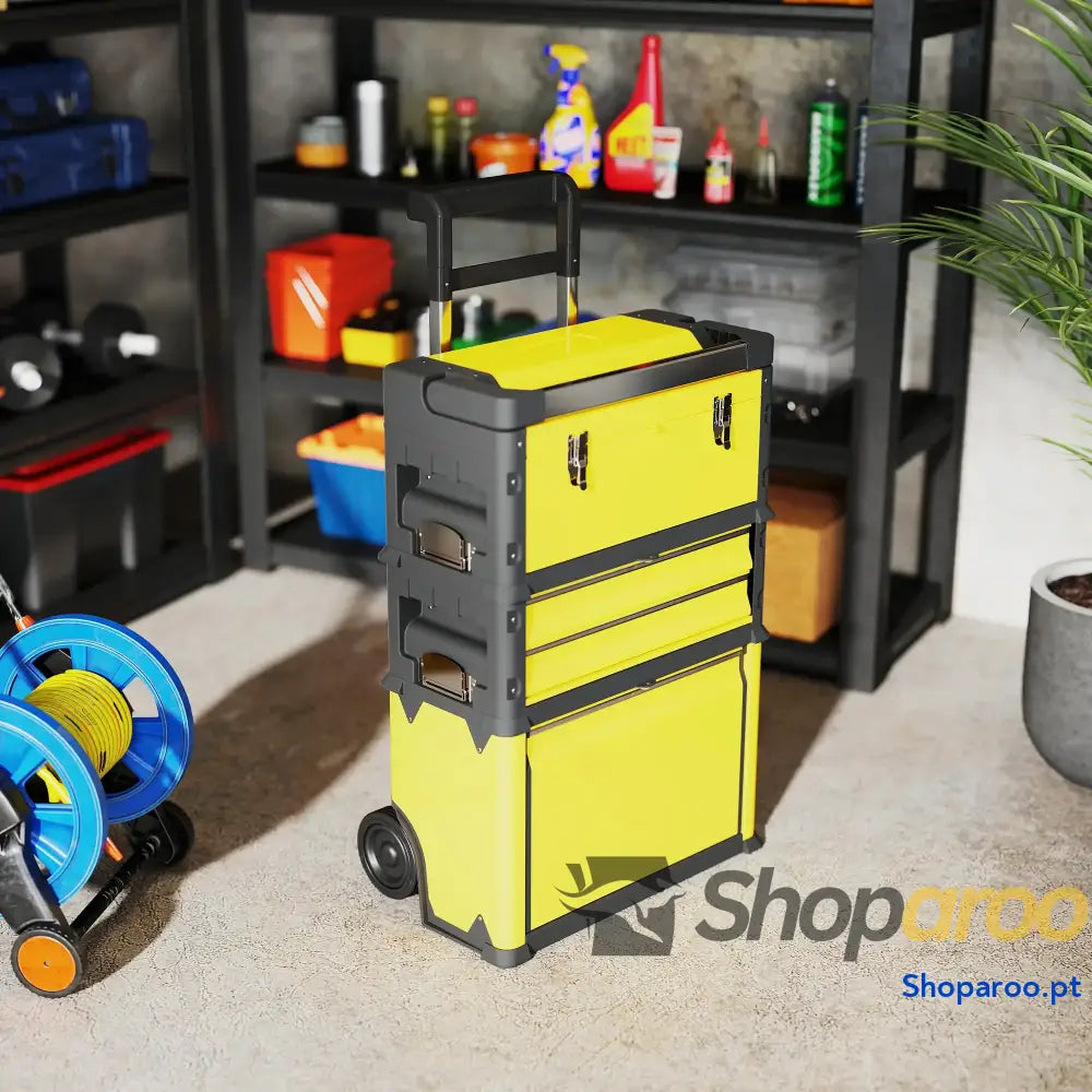 Caixa de Ferramentas Empilhável 3 em 1 com Rodas Carro Aço 52x32x72 cm Amarelo e Preto