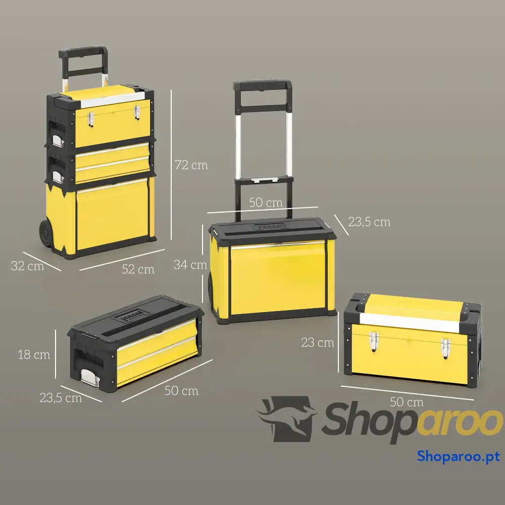 Caixa de Ferramentas Empilhável 3 em 1 com Rodas Carro Aço 52x32x72 cm Amarelo e Preto