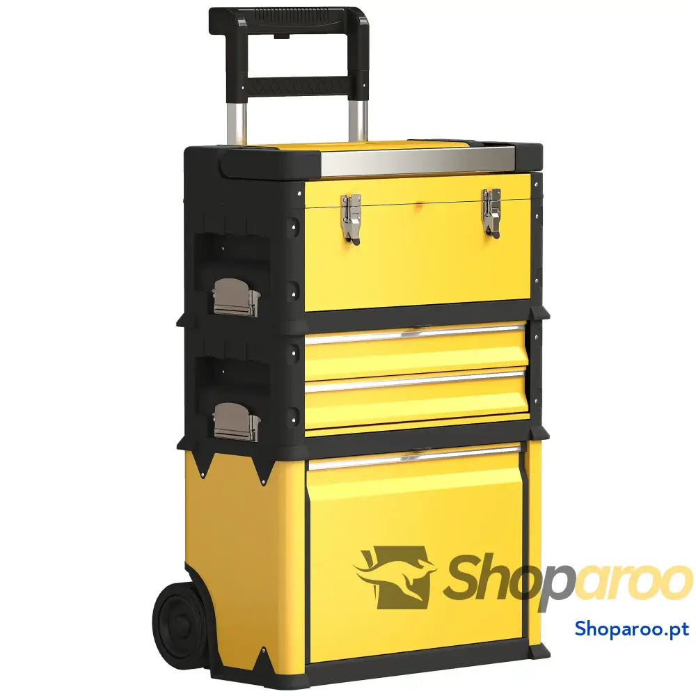 Caixa de Ferramentas Empilhável 3 em 1 com Rodas Carro Aço 52x32x72 cm Amarelo e Preto