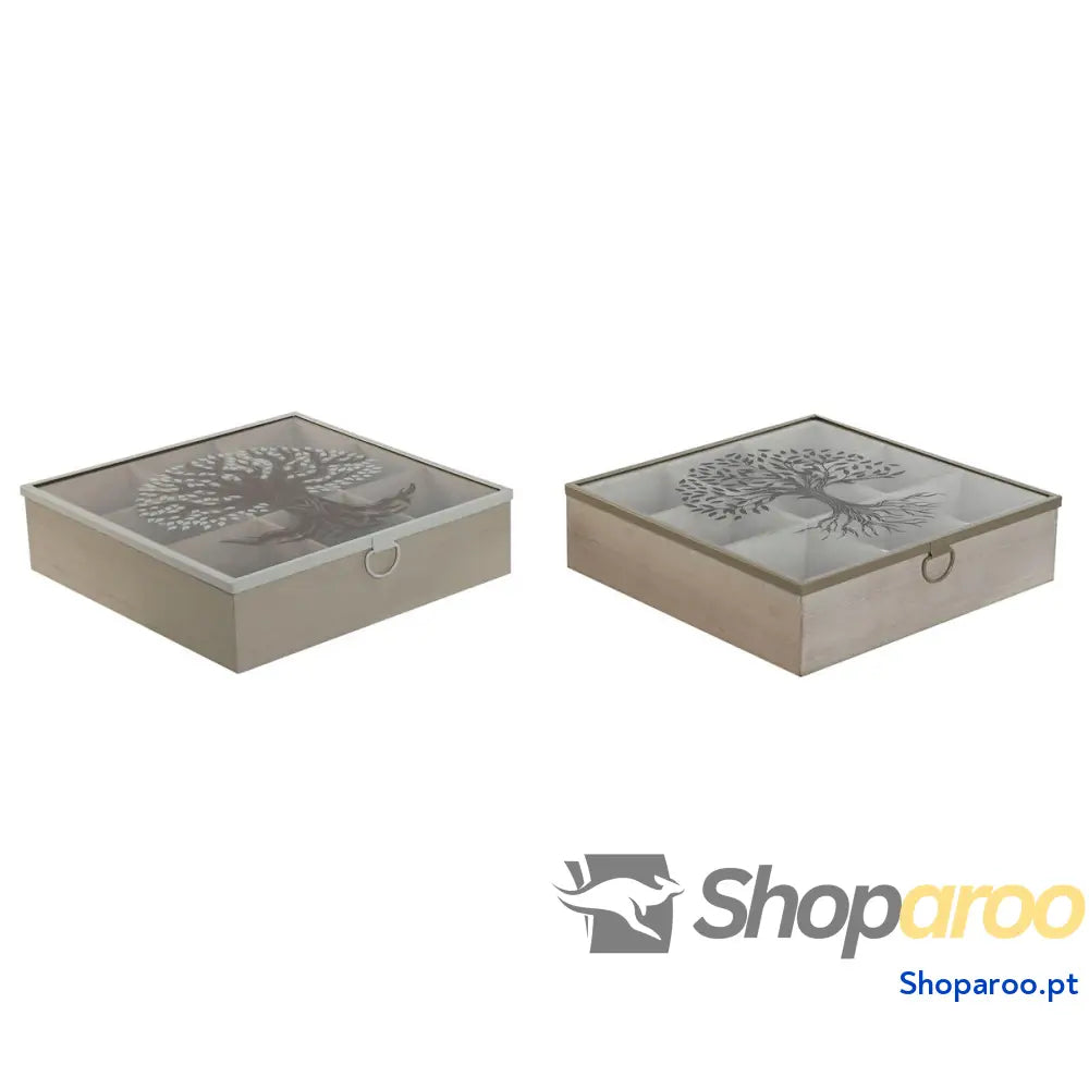 Caixa para Infusões Home ESPRIT Castanho Bege Metal Cristal Madeira MDF 24 x 6,5 cm (2 Unidades)