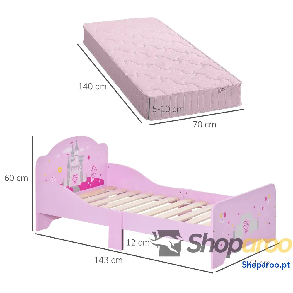 Cama Infantil acima de 3 Anos para Crianças Madeira com Barreira Proteção Carga Máx. 50kg 143x73x60cm Rosa