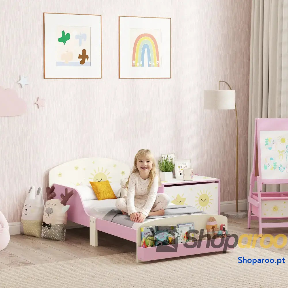 Cama Infantil para Crianças +3 Anos 70x140 cm em Madeira com Armazenamento e Desenhos de Estrelas para Dormitório Rosa
