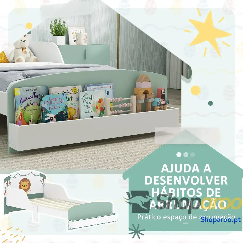 Cama Infantil para Crianças +3 Anos 70x140 cm em Madeira com Armazenamento e Desenho de Leão Quarto Verde