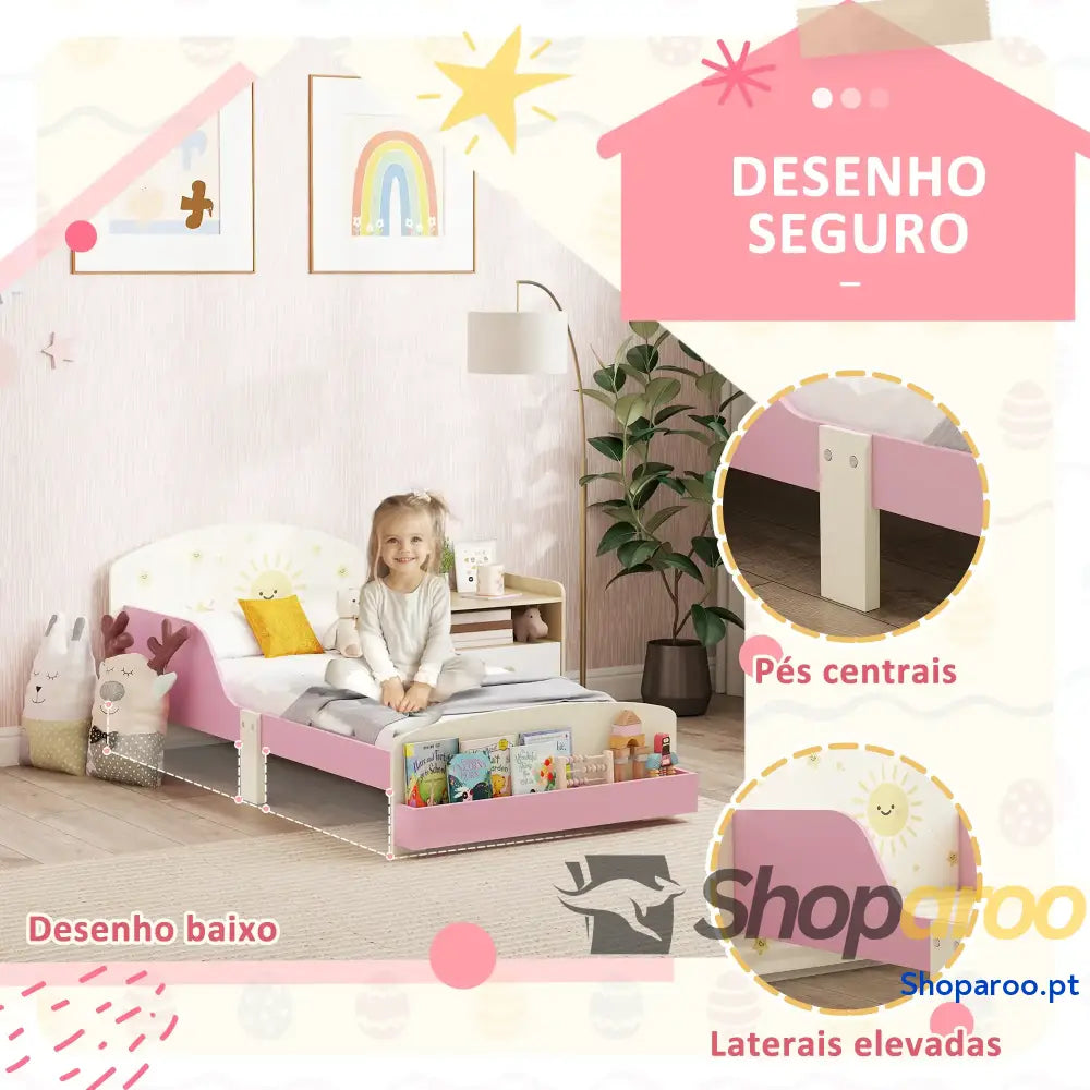 Cama Infantil para Crianças +3 Anos 70x140 cm em Madeira com Armazenamento e Desenhos de Estrelas Dormitório Rosa