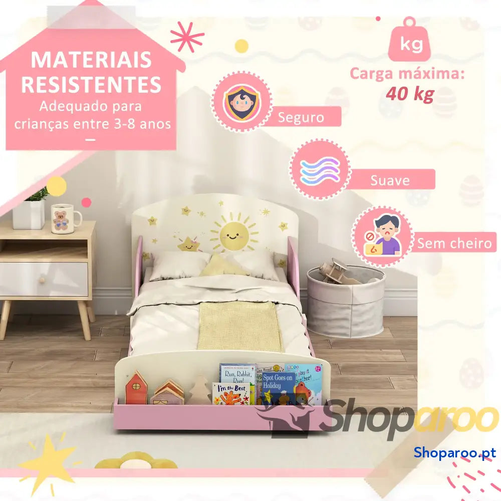 Cama Infantil para Crianças +3 Anos 70x140 cm em Madeira com Armazenamento e Desenhos de Estrelas Dormitório Rosa
