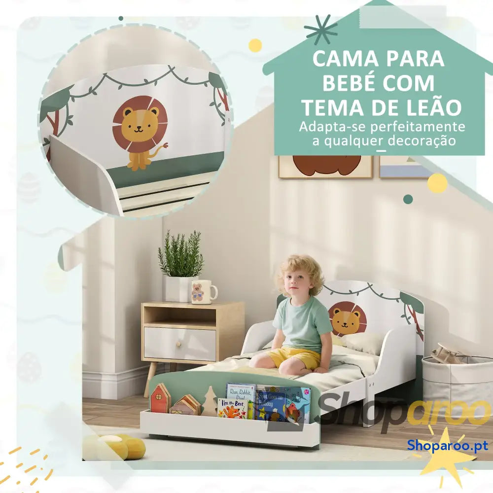 Cama Infantil para Crianças +3 Anos 70x140 cm em Madeira com Armazenamento e Desenho de Leão Quarto Verde