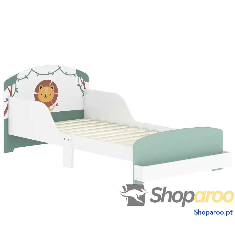 Cama Infantil para Crianças +3 Anos 70x140 cm em Madeira com Armazenamento e Desenho de Leão Quarto Verde