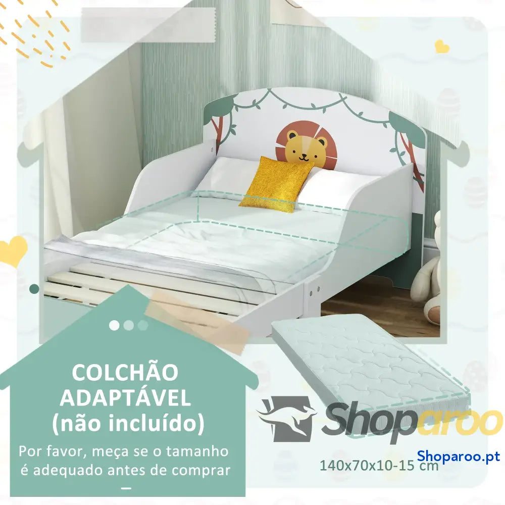 Cama Infantil para Crianças +3 Anos 70x140 cm em Madeira com Armazenamento e Desenho de Leão Quarto Verde