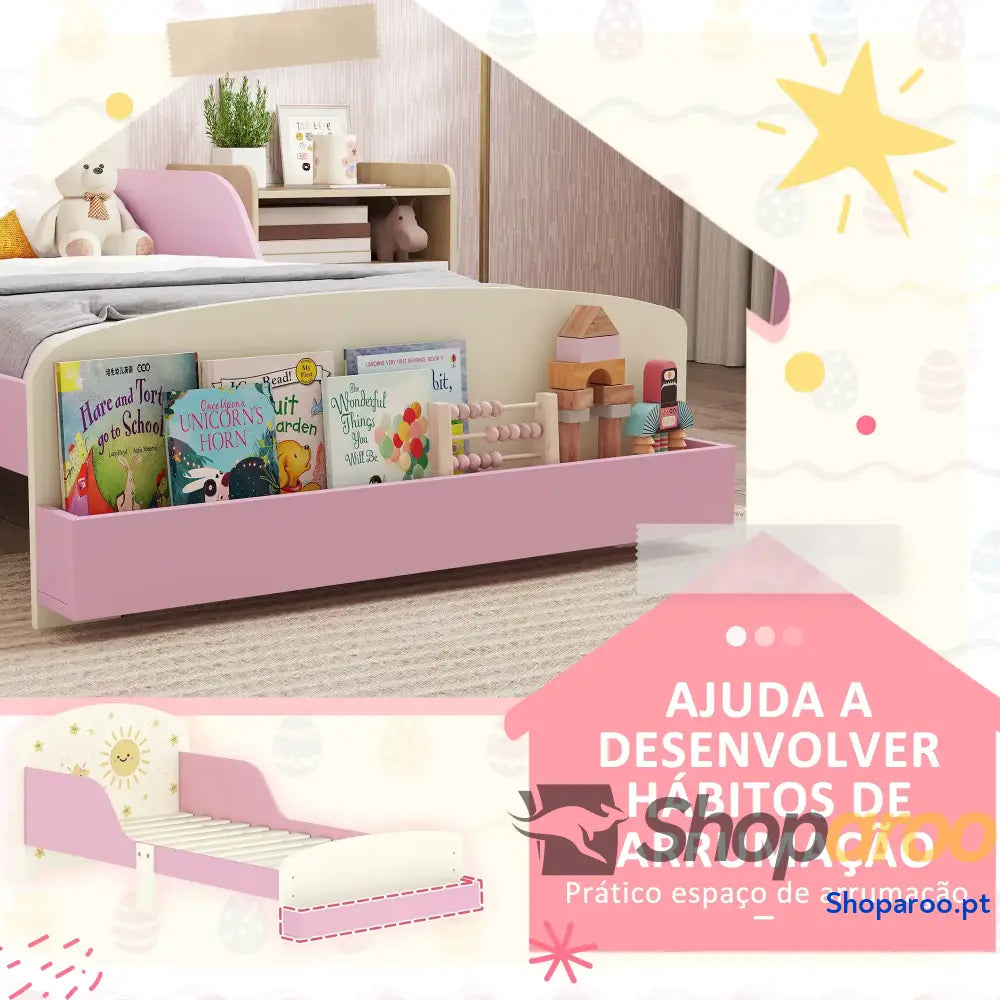 Cama Infantil para Crianças +3 Anos 70x140 cm em Madeira com Armazenamento e Desenhos de Estrelas Dormitório Rosa