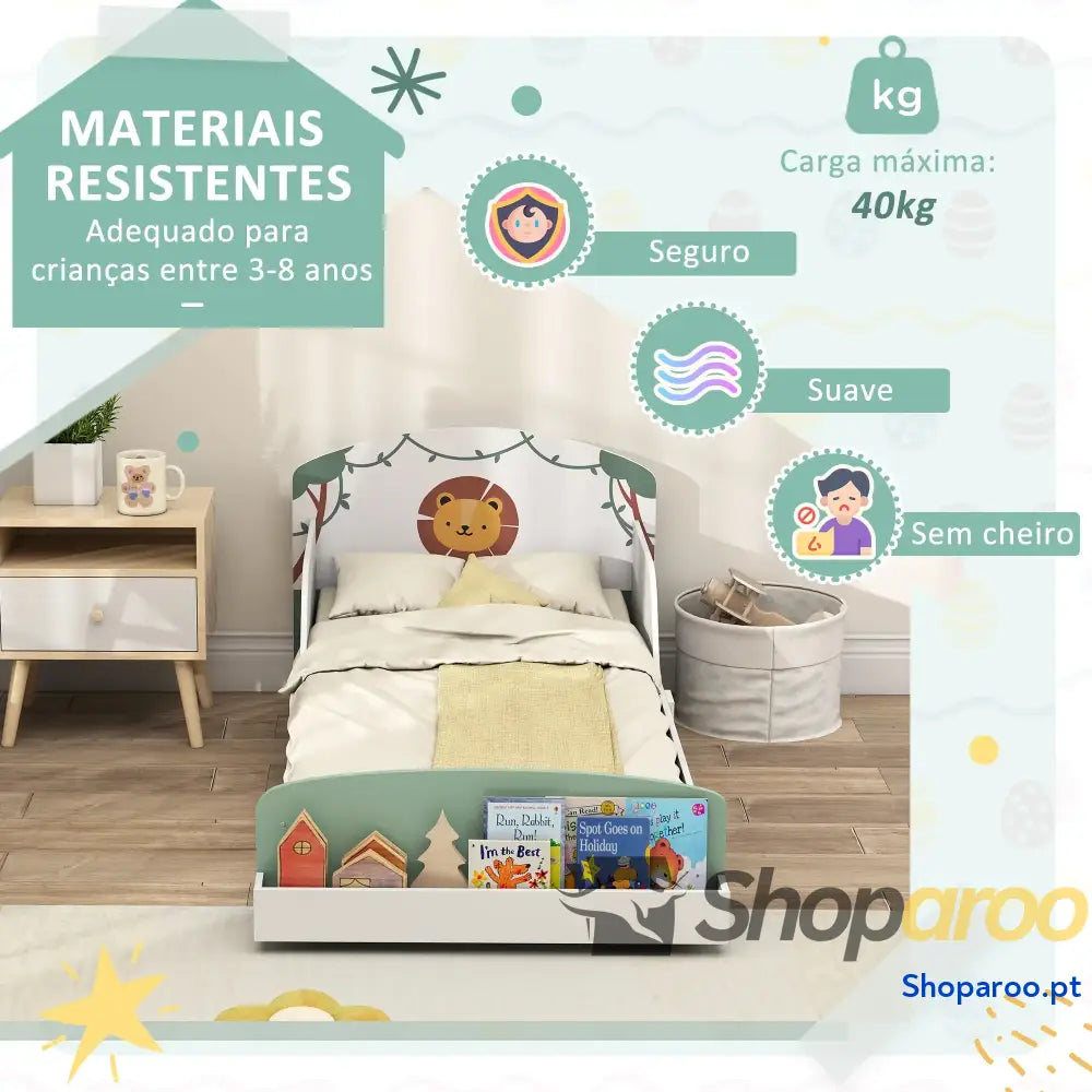 Cama Infantil para Crianças +3 Anos 70x140 cm em Madeira com Armazenamento e Desenho de Leão Quarto Verde